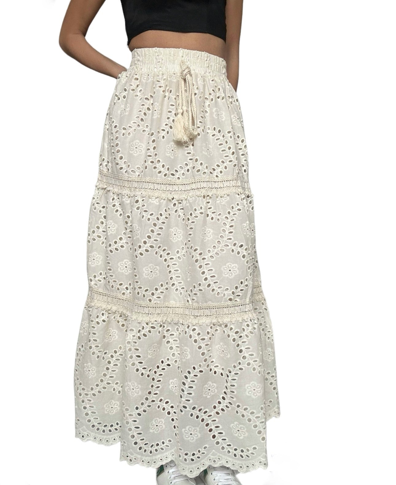 Jupe longue élastiquée à broderie - Beige