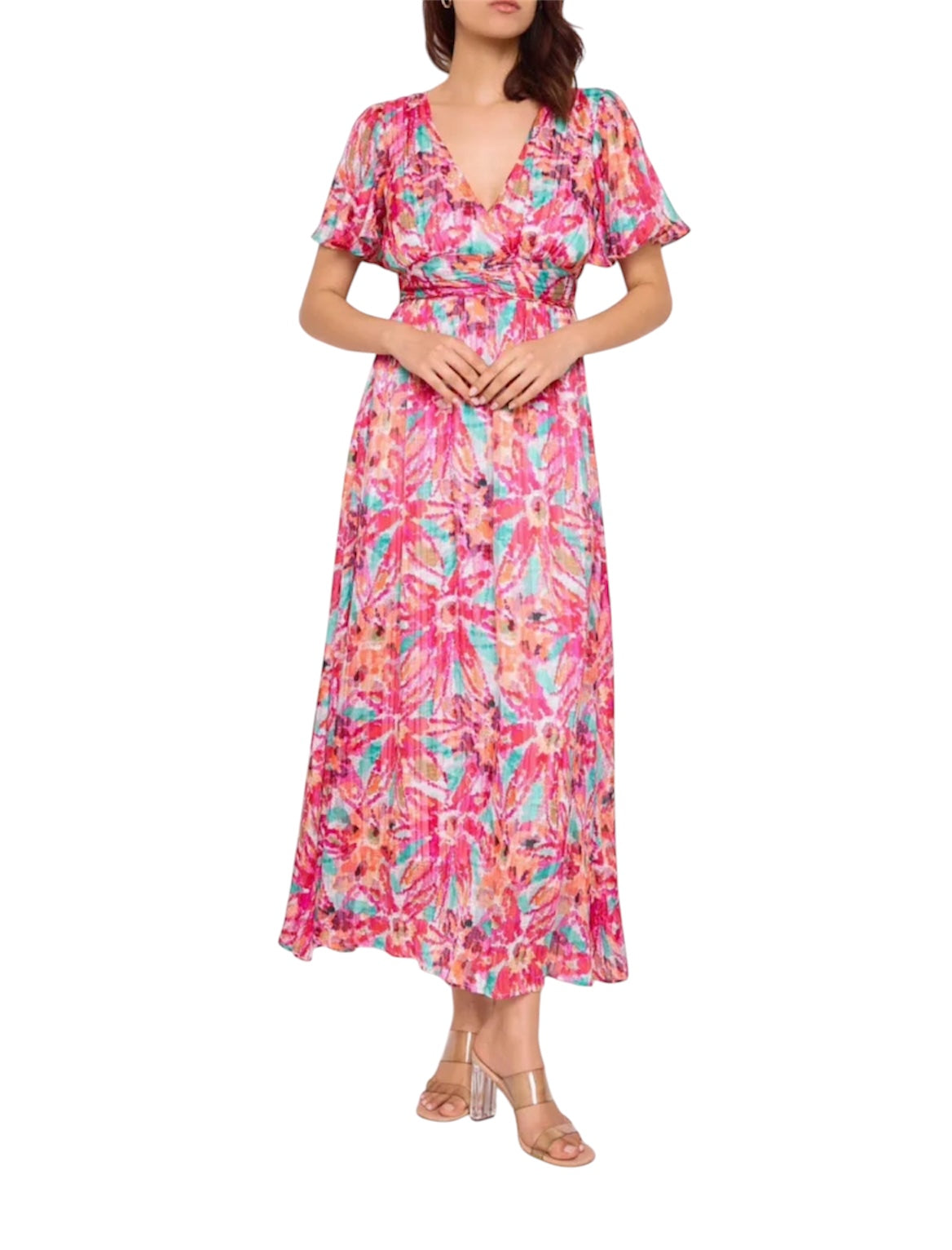 robe printanière et son élégant dos-nue longue élégante motif floral coloré en nuances de rose, d'orange et de turquoise idéale pour les soirées d'été et les occasions spéciales dos nue manches courtes à volants taille cintrée et la jupe fluide grande taille curry size XXXL taille 50 FLUIDE estivale 