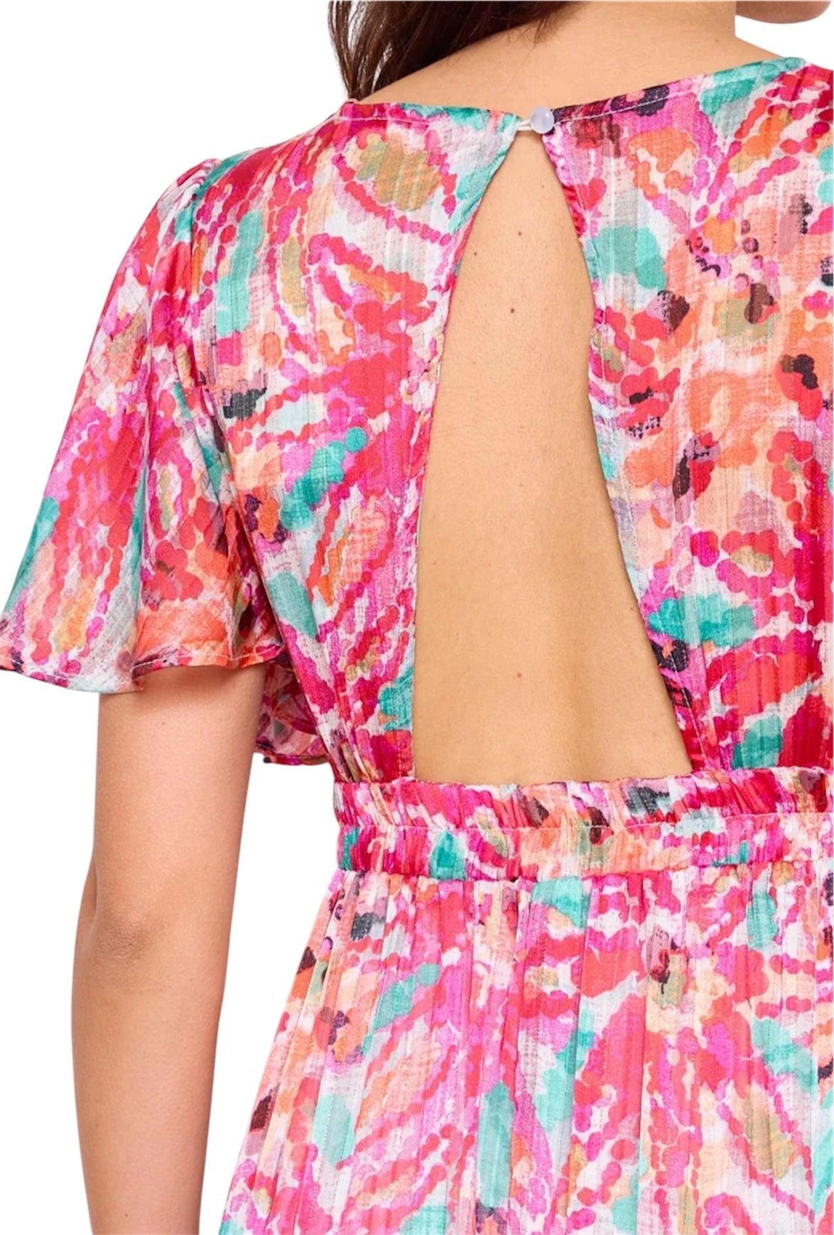 robe printanière et son élégant dos-nue longue élégante motif floral coloré en nuances de rose, d'orange et de turquoise idéale pour les soirées d'été et les occasions spéciales dos nue manches courtes à volants taille cintrée et la jupe fluide grande taille curry size XXXL taille 50 FLUIDE estivale 