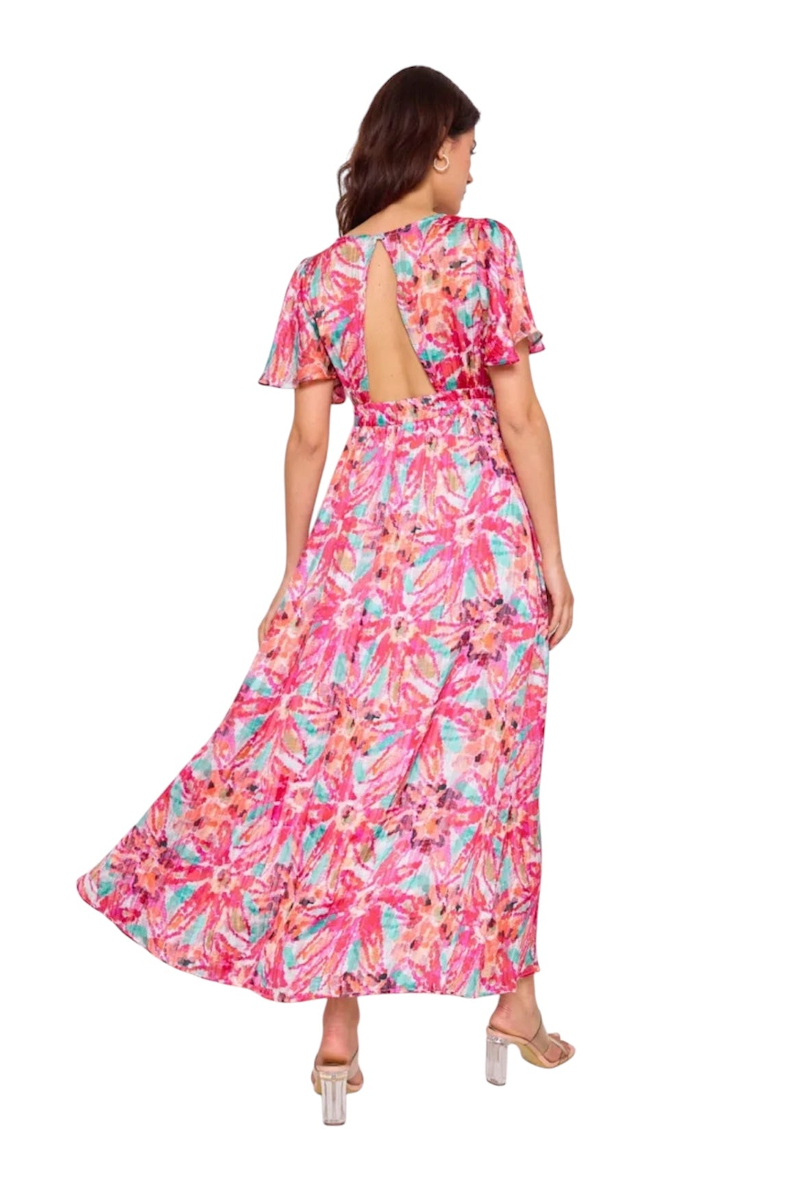 robe printanière et son élégant dos-nue longue élégante motif floral coloré en nuances de rose, d'orange et de turquoise idéale pour les soirées d'été et les occasions spéciales dos nue manches courtes à volants taille cintrée et la jupe fluide grande taille curry size XXXL taille 50 FLUIDE estivale 