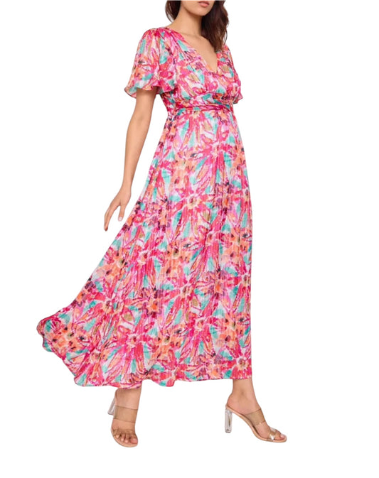robe printanière et son élégant dos-nue longue élégante motif floral coloré en nuances de rose, d'orange et de turquoise idéale pour les soirées d'été et les occasions spéciales dos nue manches courtes à volants taille cintrée et la jupe fluide grande taille curry size XXXL taille 50 FLUIDE estivale 