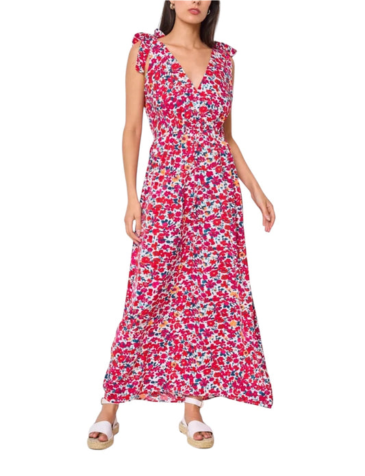 Cette superbe robe longue présente un imprimé floral vibrant dans des tons de rouge, rose et bleu, apportant une touche de fraîcheur estivale à votre garde-robe. Conçue avec un décolleté en V profond et des bretelles à volants délicats, elle allie élégance et féminité. Sa coupe fluide et sa taille cintrée créent une silhouette flatteuse, idéale pour des occasions décontractées ou formelles. grande taille curvy size 